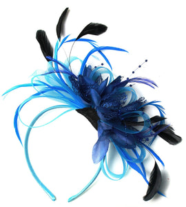 Caprilite Aqua and Navy Blue Net Hoop & Feathers Fascinator On Headband