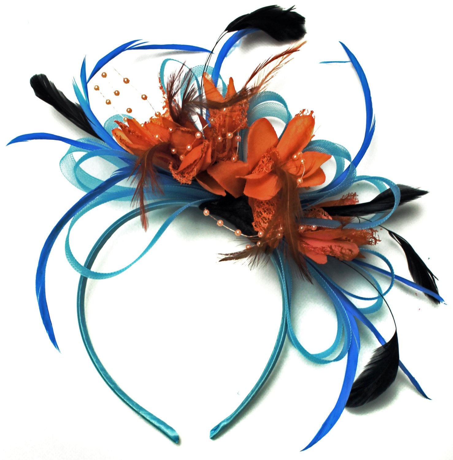 Caprilite Aqua and Orange Black Net Hoop & Feathers Fascinator On Headband
