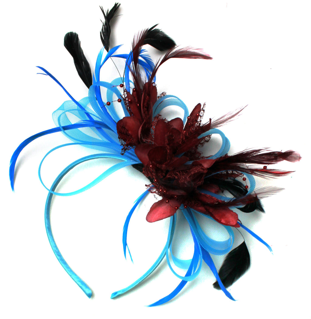 Caprilite Aqua and Burgundy Red Black Net Hoop & Feathers Fascinator On Headband