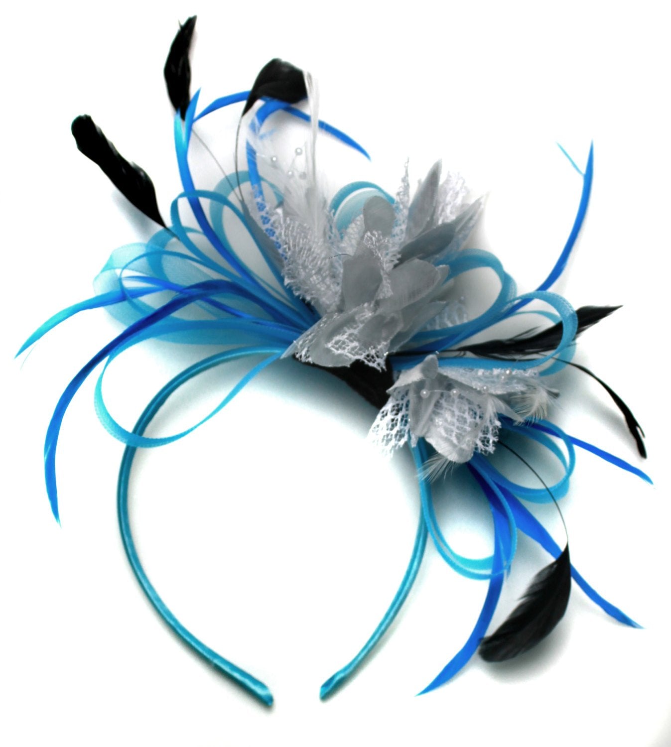 Caprilite Aqua and Silver Black Net Hoop & Feathers Fascinator On Headband Ascot Wedding Derby