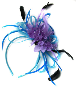 Caprilite Aqua and Lilac Black Net Hoop & Feathers Fascinator On Headband Ascot Wedding Derby
