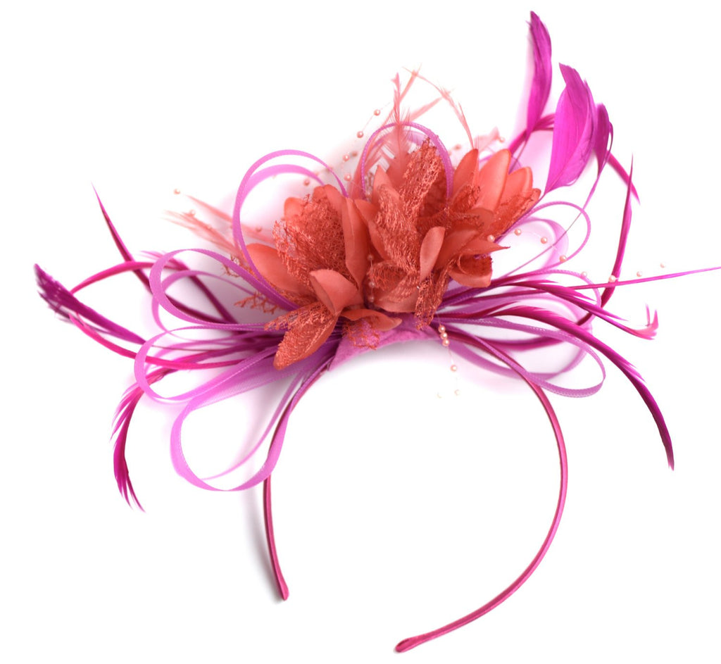 Caprilite Hot Pink Fuchsia and Coral Fascinator on Headband Alice Band UK Wedding Ascot Races Derby