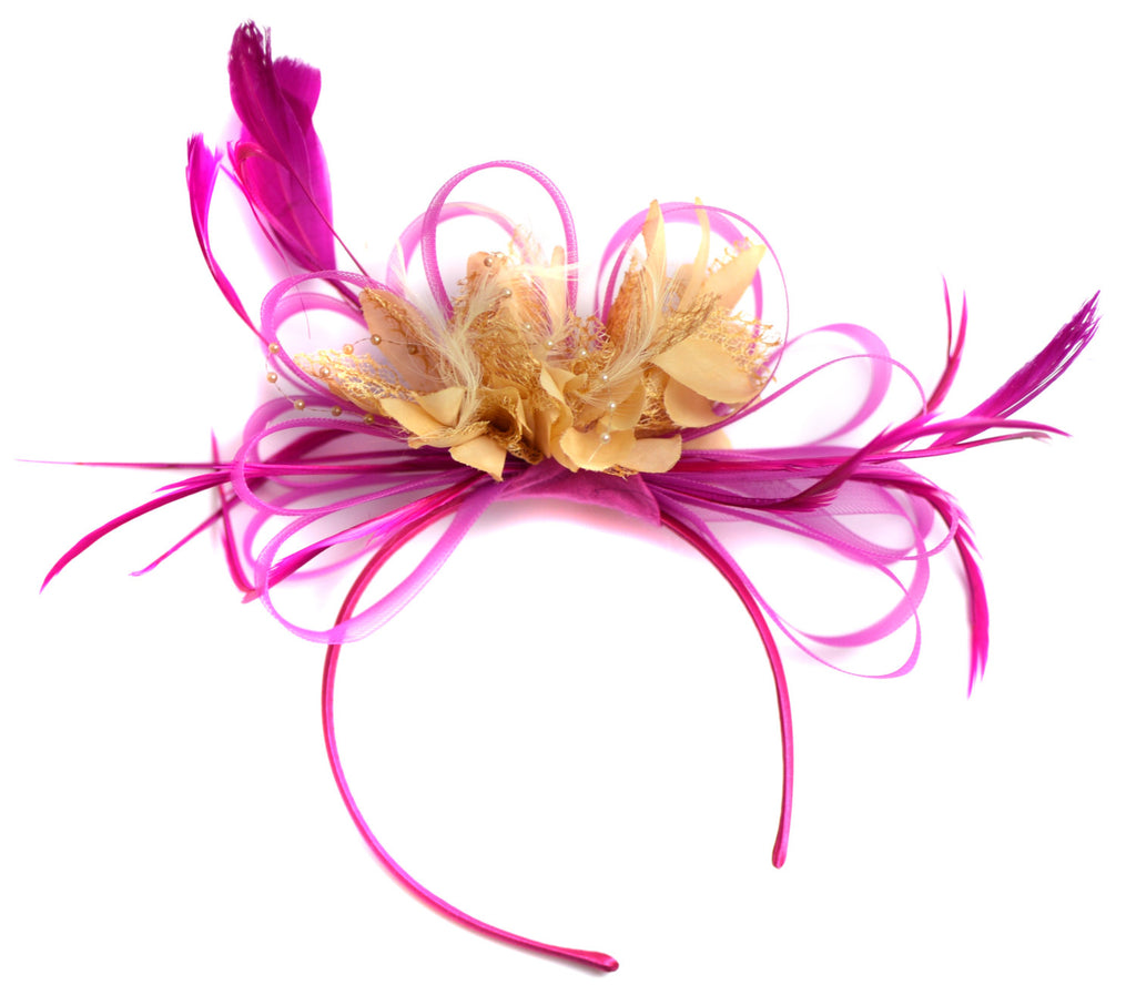 Caprilite Hot Pink Fuchsia and Beige Fascinator on Headband Alice Band UK Wedding Ascot Races Derby