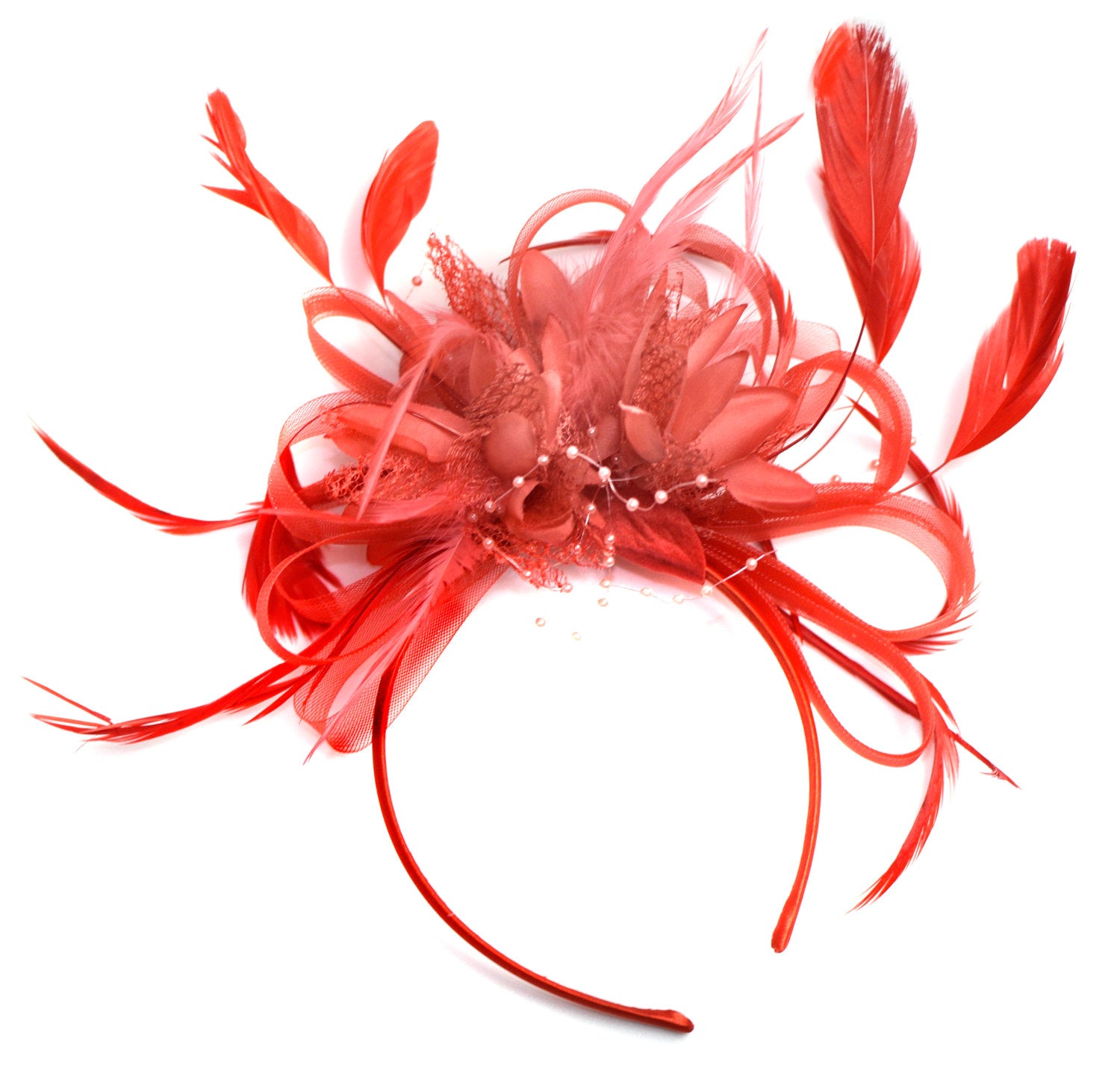 Caprilite Red and Coral Fascinator on Headband Alice Band UK Wedding Ascot Races Derby