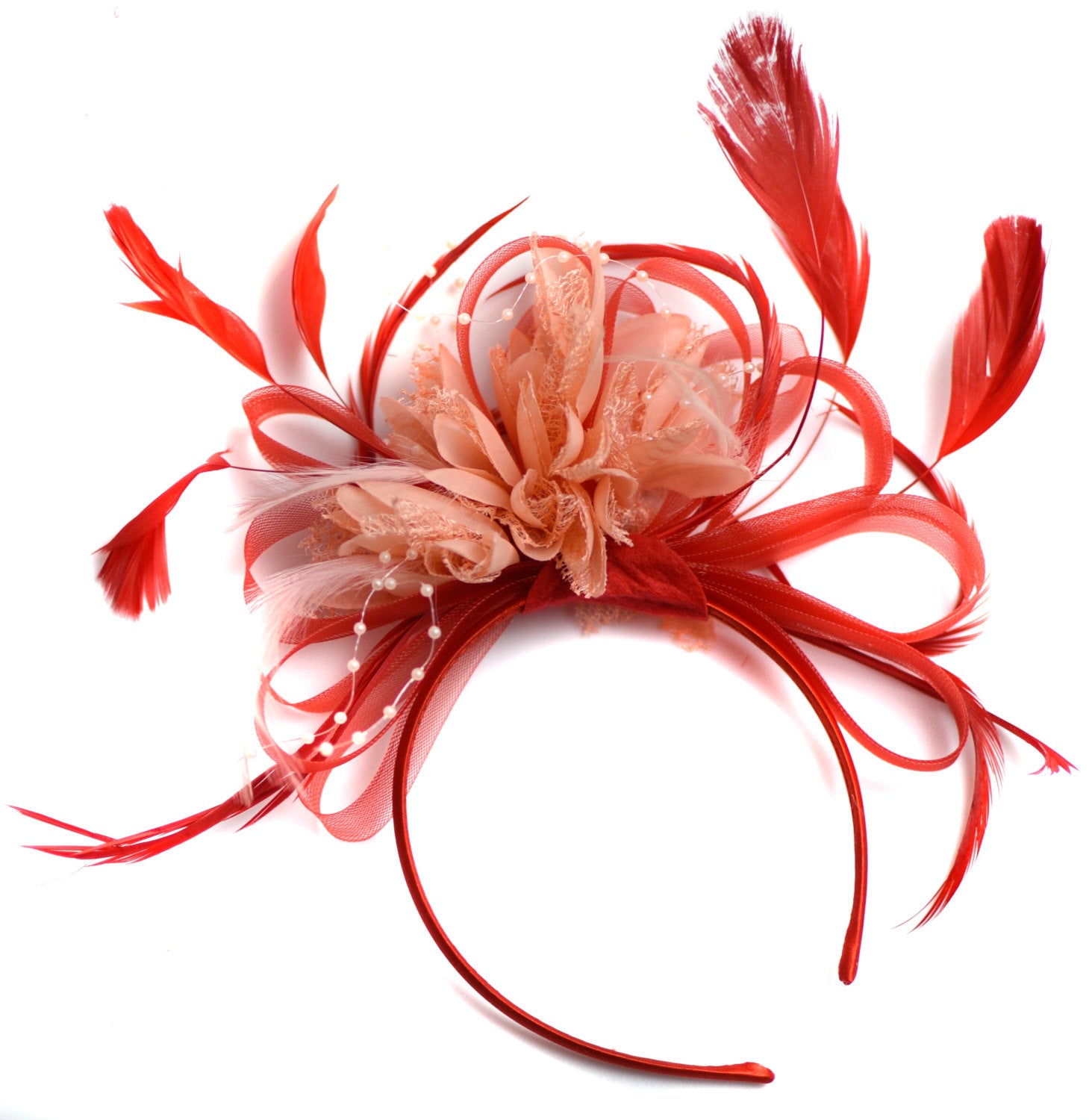 Caprilite Red and Peach Nude Fascinator on Headband Alice Band UK Wedding Ascot Races Derby