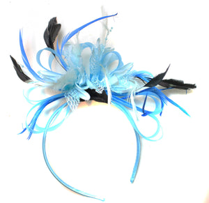 Caprilite Aqua and Baby Blue with Black Feathers Fascinator On Headband Ascot Wedding Derby