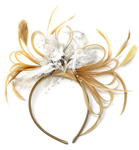 Caprilite Champagne Gold Beige Camel and White Fascinator on Headband Alice Band UK Wedding Ascot Races Derby