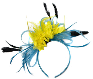 Caprilite Aqua Sky Blue and Yellow Fascinator on Headband Alice Band UK Wedding Ascot Races Derby