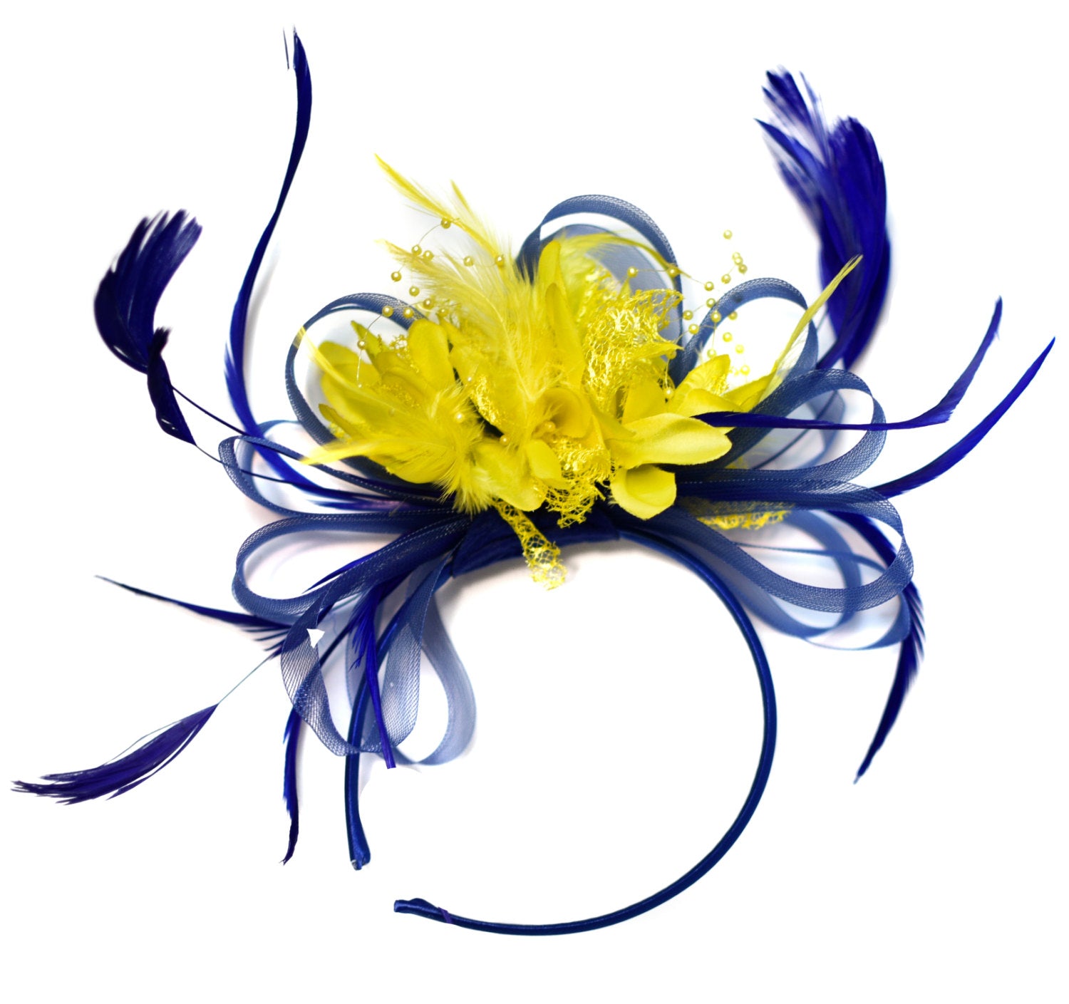 Caprilite Royal Blue and Yellow Fascinator on Headband Alice Band UK Wedding Ascot Races Derby