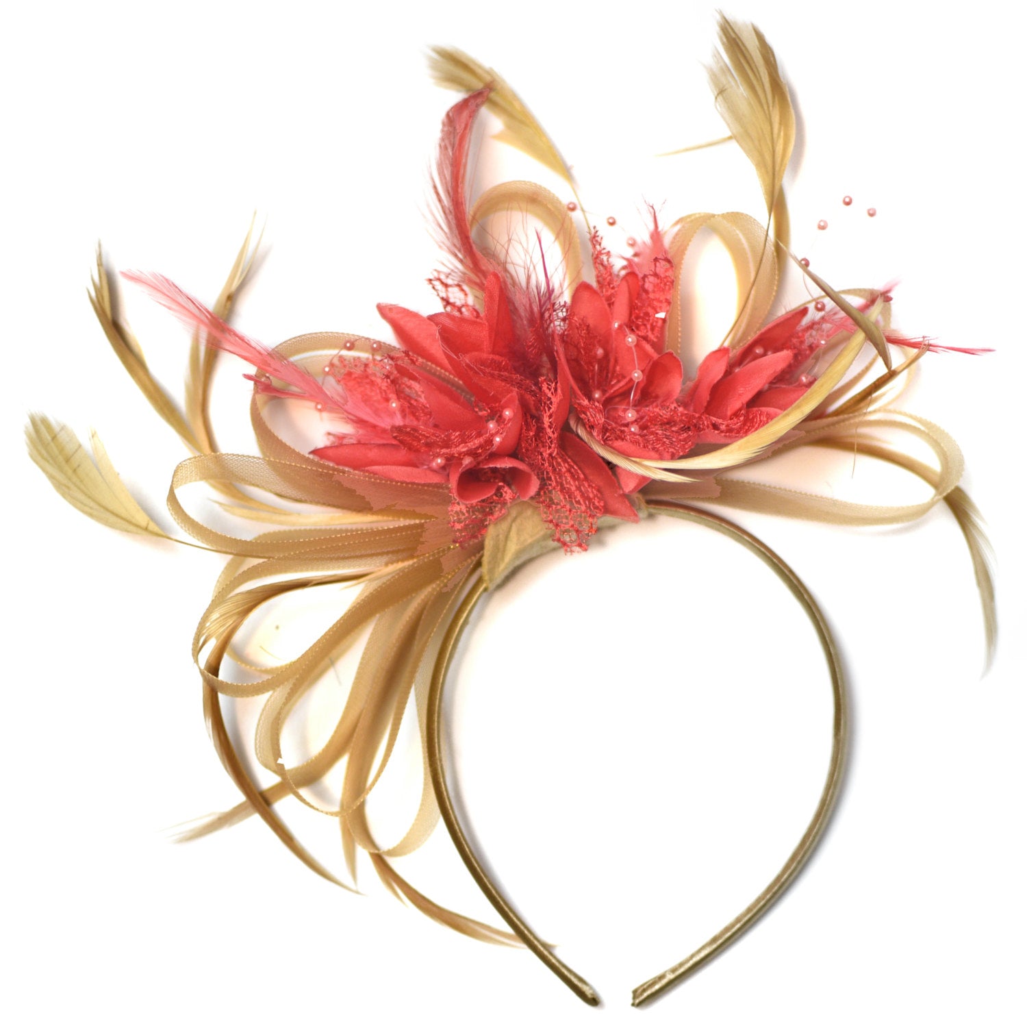 Caprilite Champagne Gold Beige Camel and Coral Pink Fascinator on Headband Alice Band UK Wedding Ascot Races Derby