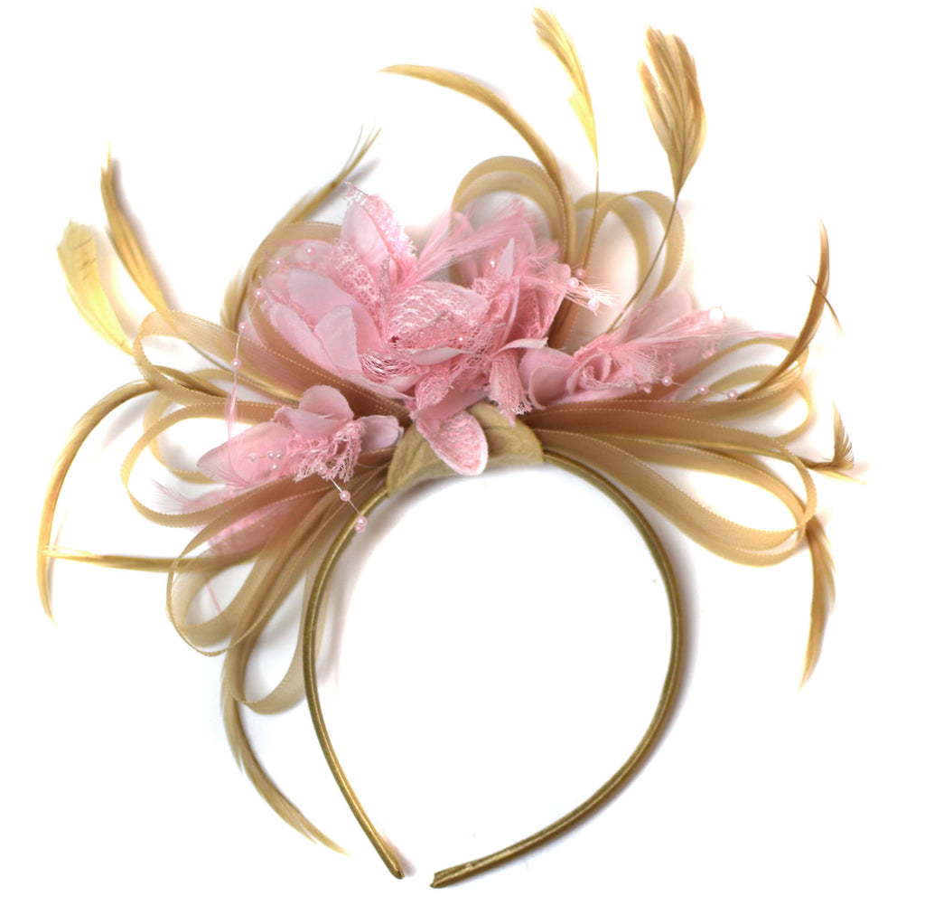 Caprilite Champagne Gold Beige Camel and Baby Pink Fascinator on Headband Alice Band UK Wedding Ascot Races Derby
