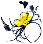 Caprilite Navy Blue and Yellow Fascinator on Headband Alice Band UK Wedding Ascot Races Derby