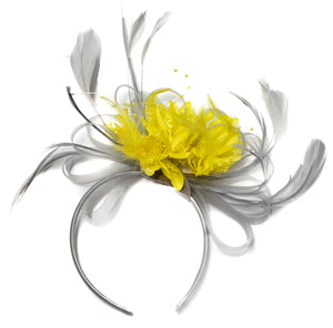 Caprilite Silver Grey and Yellow Fascinator on Headband Alice Band UK Wedding Ascot Races Derby