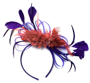 Caprilite Purple and Coral Fascinator on Headband Alice Band UK Wedding Ascot Races Derby