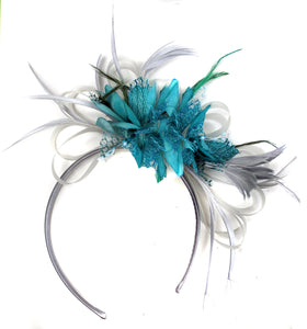 Caprilite Grey Silver & Teal Turquoise Fascinator on Headband Alice Band UK Wedding Ascot Races