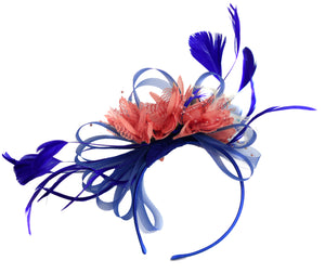 Caprilite Royal Blue and Coral Fascinator on Headband Alice Band UK Wedding Ascot Races Derby