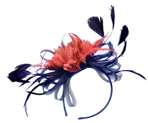 Caprilite Navy and Coral Fascinator on Headband Alice Band UK Wedding Ascot Races Derby