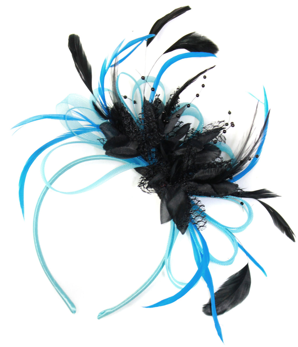 Caprilite Aqua and Black Net Hoop & Feathers Fascinator On Headband