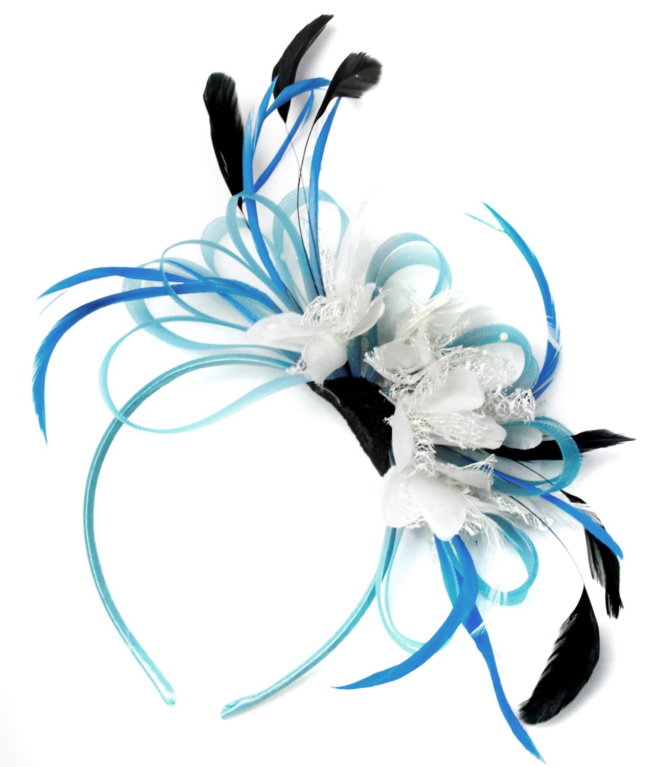 Caprilite Aqua and White Black Net Hoop & Feathers Fascinator On Headband