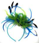 Caprilite Aqua and Green Black Net Hoop & Feathers Fascinator On Headband