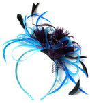 Caprilite Aqua and Purple Black Net Hoop & Feathers Fascinator On Headband