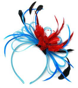 Caprilite Aqua and Red Black Net Hoop & Feathers Fascinator On Headband