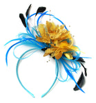 Caprilite Aqua and Gold Black Net Hoop & Feathers Fascinator On Headband Ascot Wedding Derby