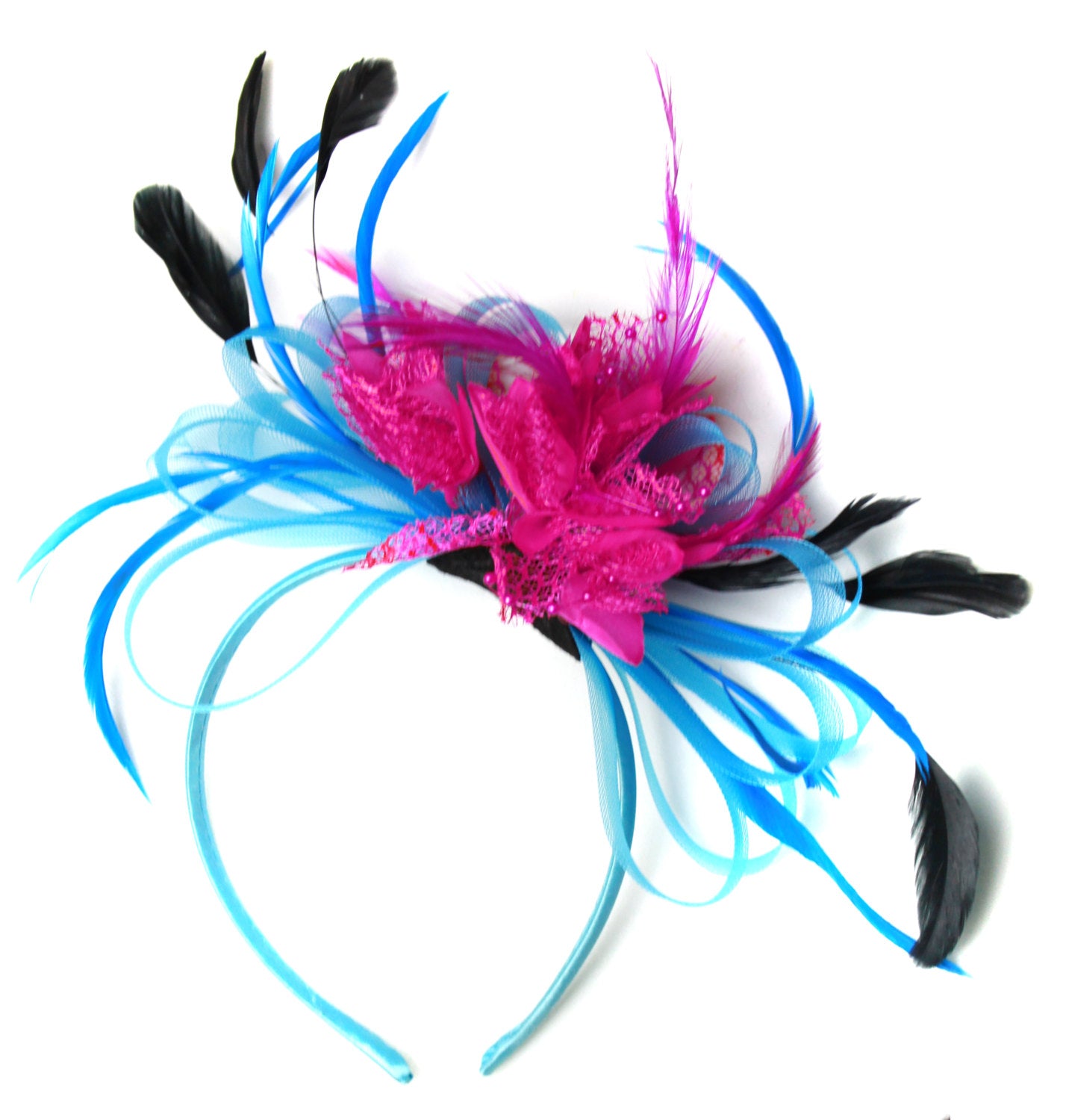 Caprilite Aqua and Fuchsia Black Net Hoop & Feathers Fascinator On Headband Ascot Wedding Derby