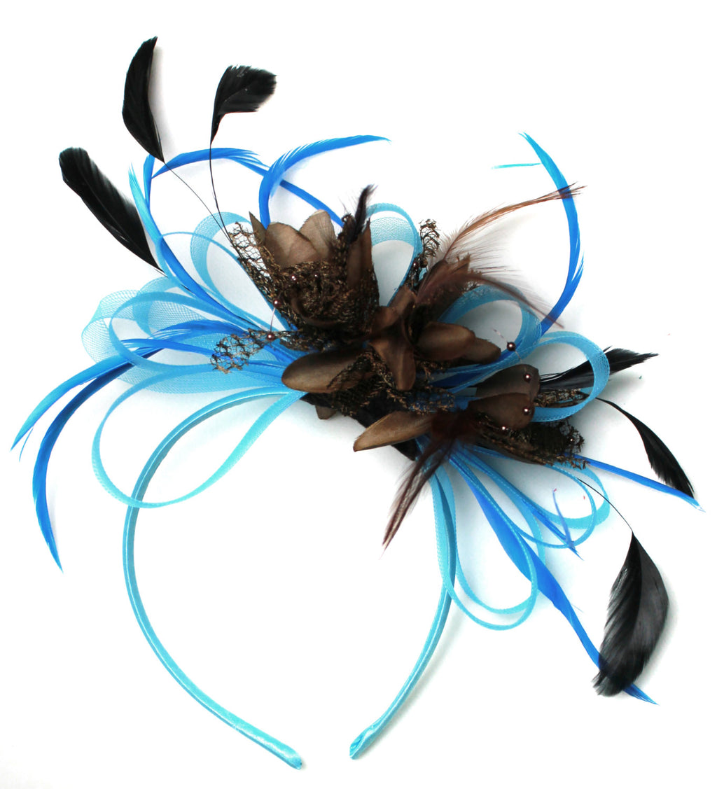 Caprilite Aqua and Brown Black Net Hoop & Feathers Fascinator On Headband Ascot Wedding Derby