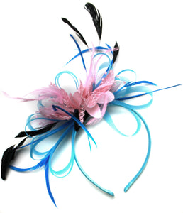 Caprilite Aqua and Baby Pink Black Net Hoop & Feathers Fascinator On Headband Ascot Wedding Derby