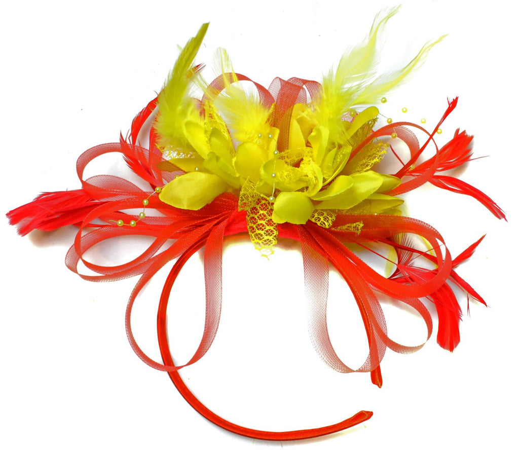 Caprilite Red and Yellow Fascinator on Headband Alice Band UK Wedding Ascot Races Derby