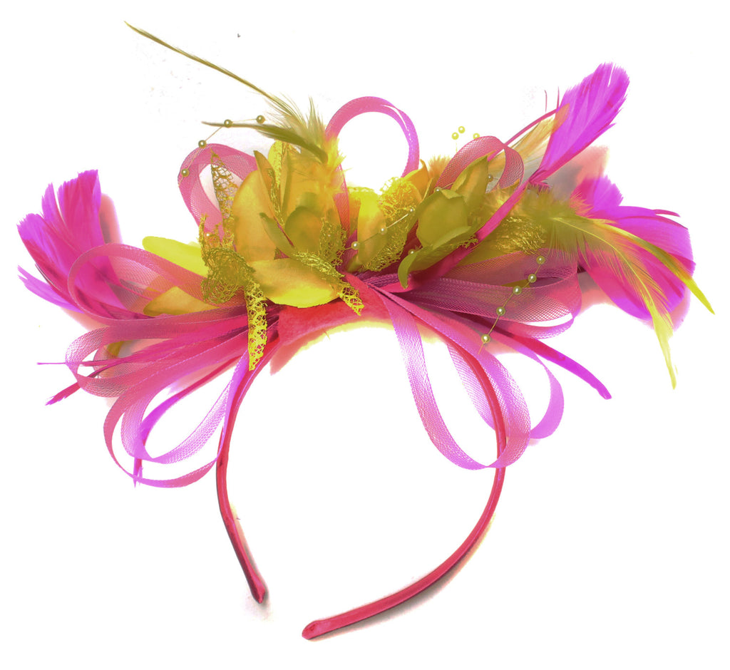Caprilite Fuchsia Hot Pink and Yellow Fascinator on Headband Alice Band UK Wedding Ascot Races Derby