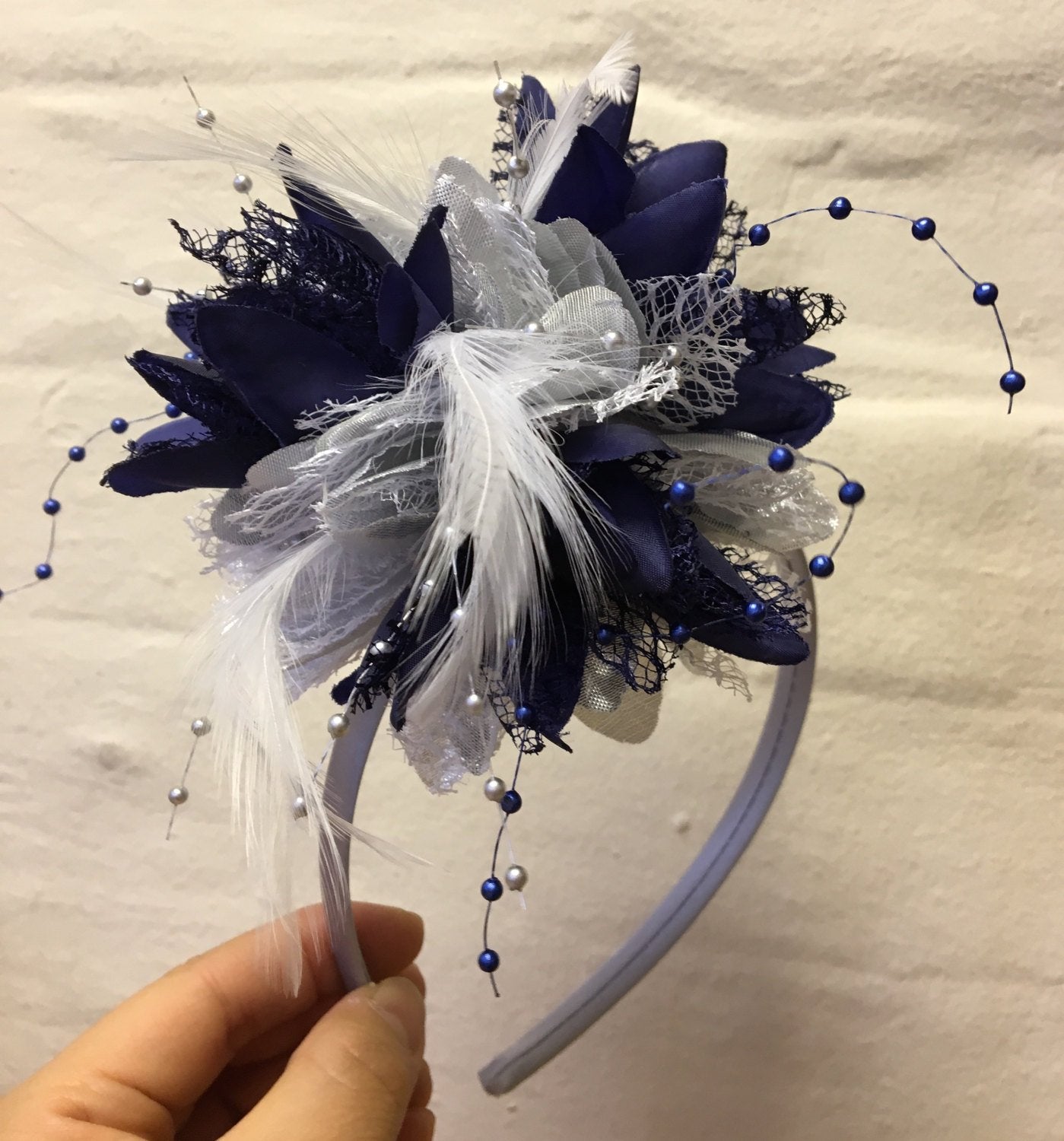 Caprilite Silver and Navy Fascinator Headband Hair Band Flower Corsage