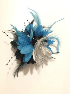 Caprilite Black and Aqua Blue and Silver Fascinator Black Headband Clip Comb Flower Corsage