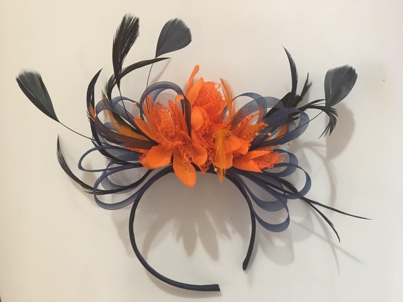 Caprilite Navy Blue Hoop & Orange Feathers Fascinator On Headband