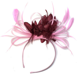 Caprilite Baby Pink and Burgundy Wine Red Fascinator on Headband Alice Band UK Wedding Ascot Races Derby