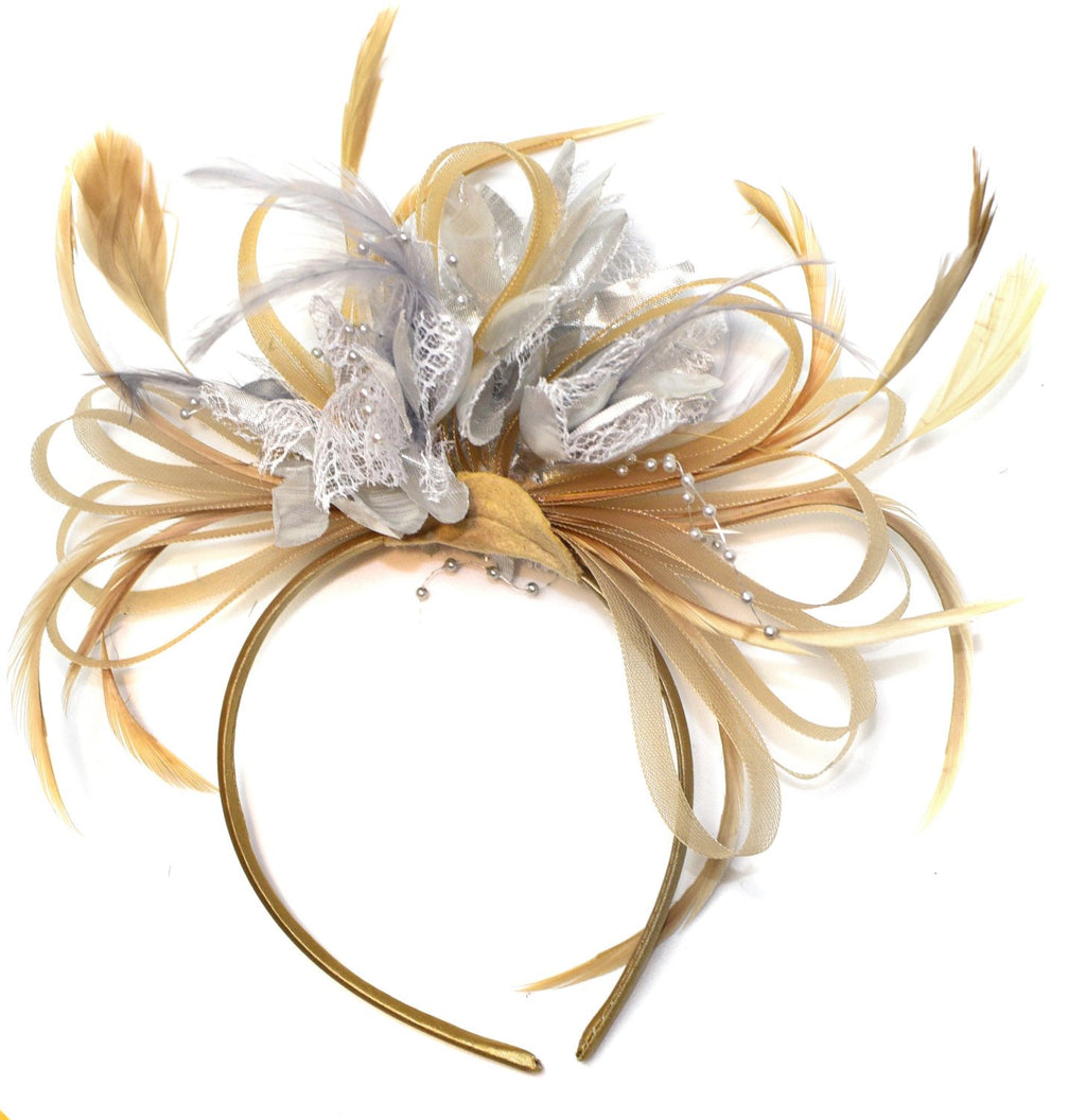 Caprilite Champagne Gold Beige Camel and Silver Fascinator on Headband Alice Band UK Wedding Ascot Races Derby
