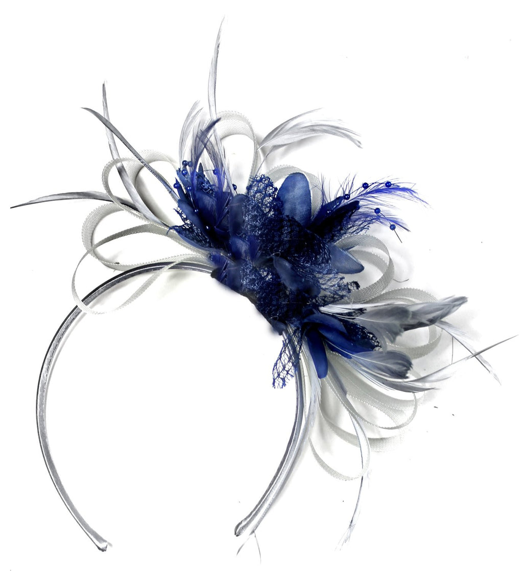 Caprilite Grey Silver & Navy Blue Fascinator on Headband AliceBand UK Wedding Ascot Races Loop