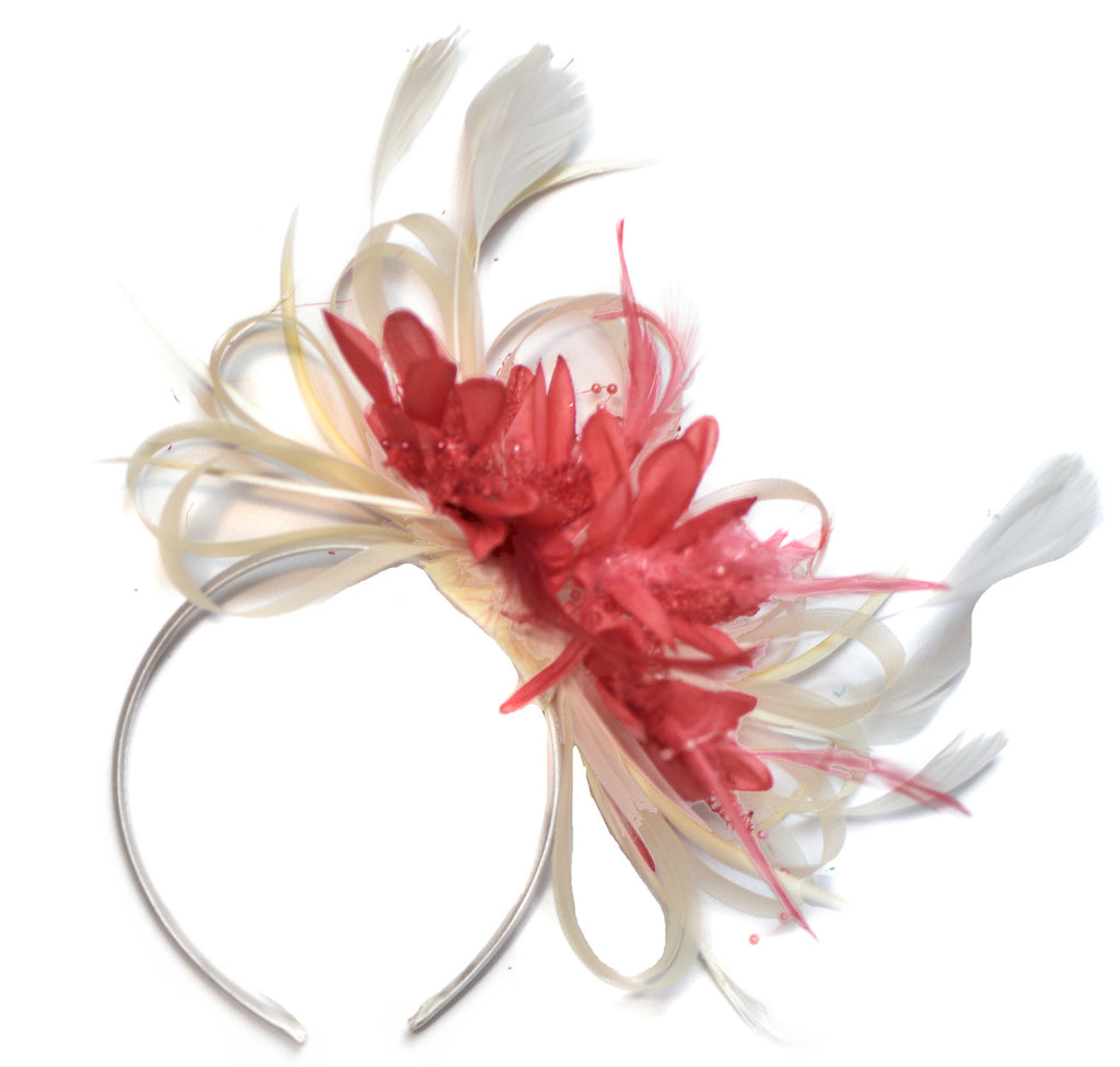 Caprilite Cream and Coral Pink Fascinator on Headband Alice Band UK Wedding Ascot Races Derby