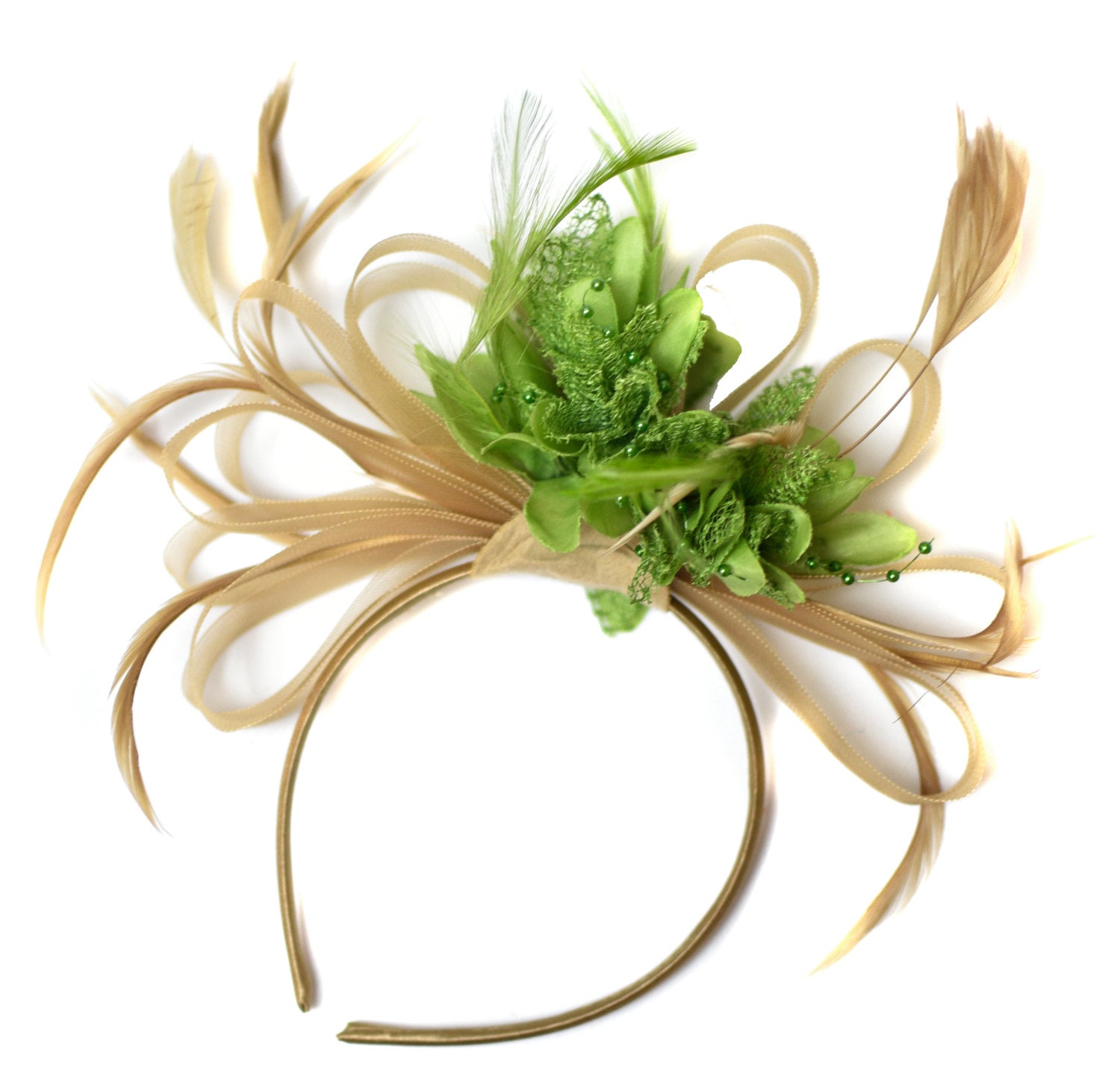 Caprilite Champagne Gold Beige Camel and Lime Green Fascinator on Headband Alice Band UK Wedding Ascot Races Derby