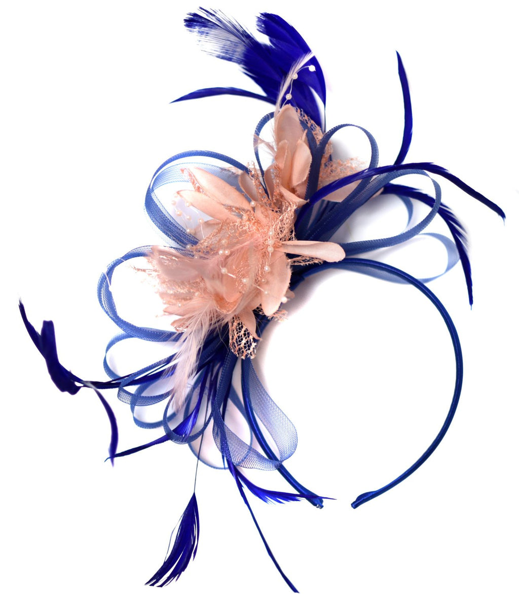 Caprilite Royal Blue and Peach Salmon Pink Fascinator on Headband Alice Band UK Wedding Ascot Races Derby