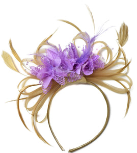 Caprilite Champagne Gold Beige Camel and Lilac Purple Fascinator on Headband Alice Band UK Wedding Ascot Races Derby