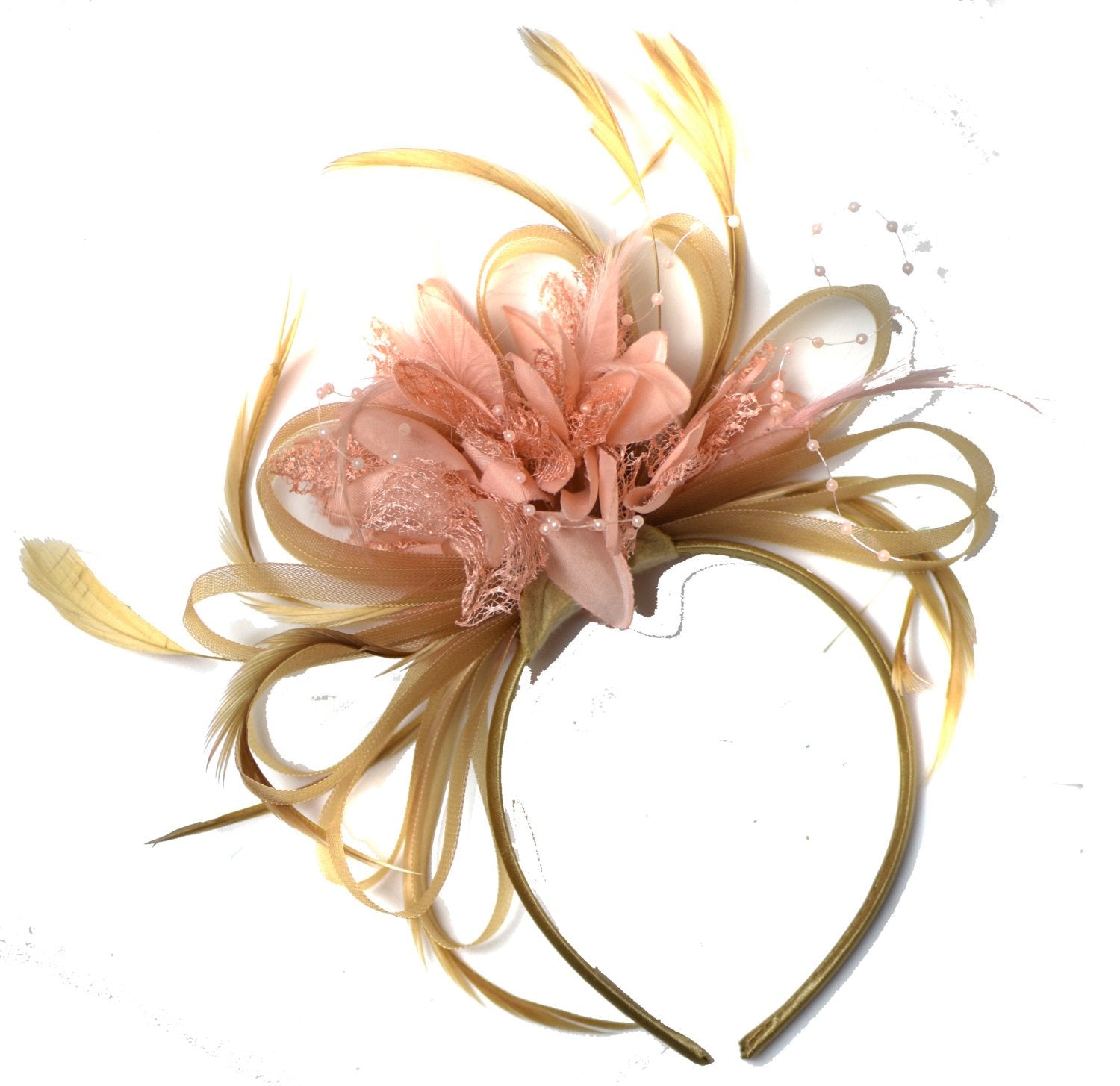 Caprilite Champagne Gold Beige Camel and Peach Salmon Pink Fascinator on Headband Alice Band UK Wedding Ascot Races Derby