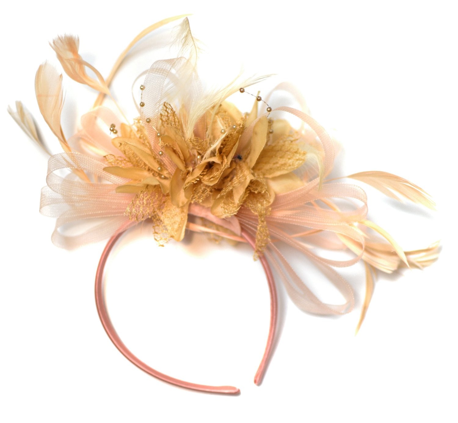 Caprilite Nude Salmon Pink and Camel Beige Fascinator on Headband Alice Band UK Wedding Ascot Races Derby