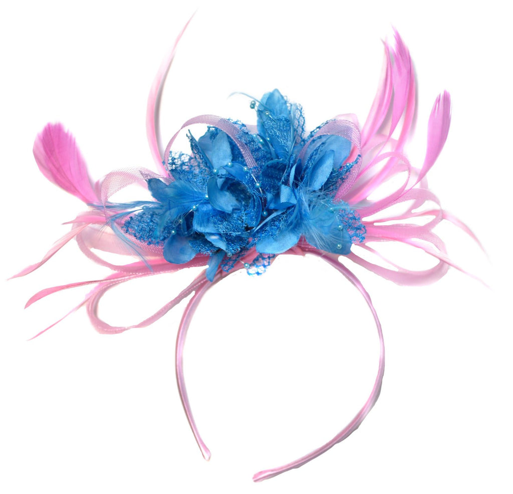 Caprilite Baby Pink and Aqua Sky Blue Fascinator on Headband Alice Band UK Wedding Ascot Races Derby