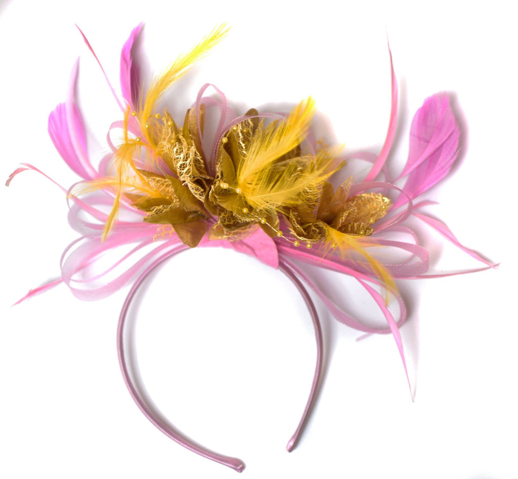 Caprilite Baby Pink and Gold Fascinator on Headband Alice Band UK Wedding Ascot Races Derby