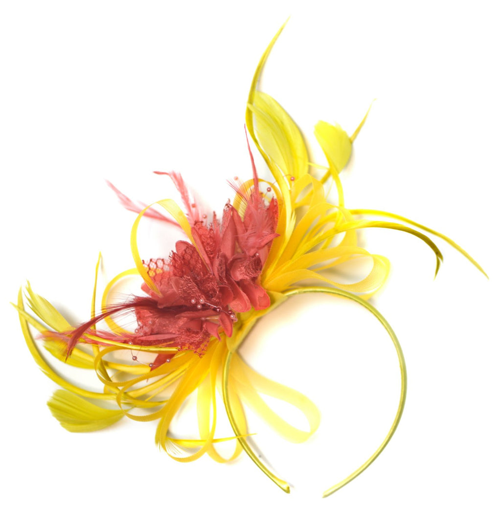 Caprilite Yellow and Coral Fascinator on Headband Alice Band UK Wedding Ascot Races Derby