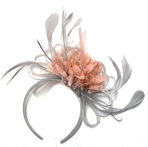 Caprilite Silver Grey and Blush Pink Peach Salmon Fascinator on Headband Alice Band UK Wedding Ascot Races Derby