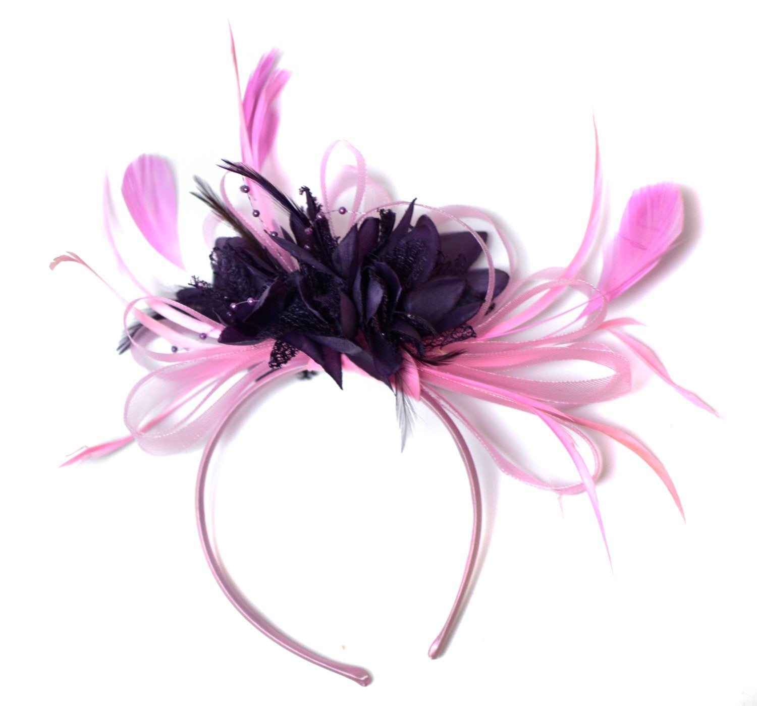 Caprilite Baby Pink and Dark Purple Fascinator on Headband Alice Band UK Wedding Ascot Races Derby