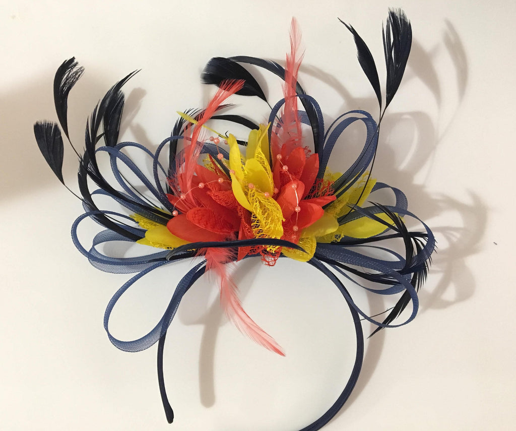 Caprilite Navy Coral and Yellow Fascinator on Headband Alice Band UK Wedding Ascot Races Derby